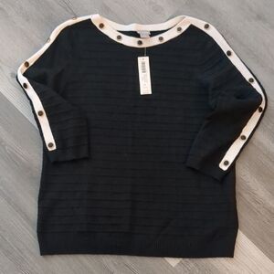 Chico's Black Sweater with White Trim and Button Accents